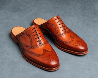 Men's Cognac Leather Wingtip Brogue Mules | Handmade Backless Slip-On Loafers