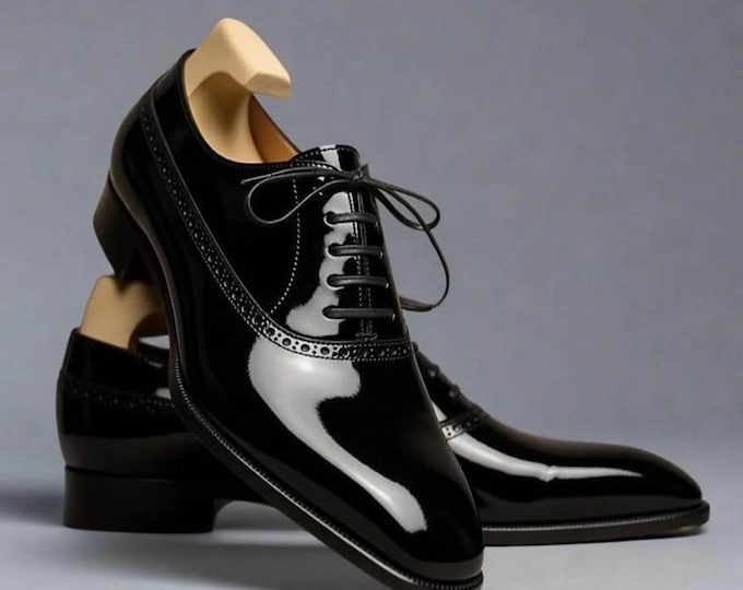 Handmade Black Patent Leather Brogue Oxford Dress Shoes, Formal Lace-Up Wedding Evening Wear