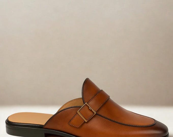 Handmade Brown Leather Mule Loafers: Italian Style Buckle Dress Shoes