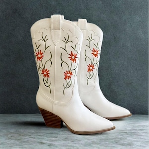 White Leather Cowgirl Ankle Boots: Western Style Low Heel