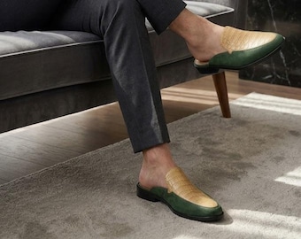 Men's Green Cream Leather Mule Loafers – Crocodile Texture Slip On Dress Shoes