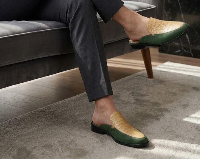Men's Green Cream Leather Mule Loafers – Crocodile Texture Slip On Dress Shoes