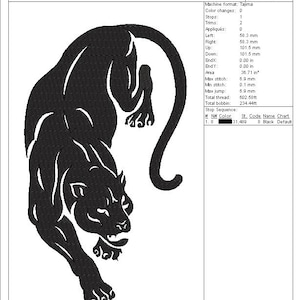 May include: Black jaguar embroidery design from Wilcom Embroidery Studio. The design is 7.99 inches high and 4.59 inches wide. The production worksheet includes details such as stitches, colors, and machine format.
