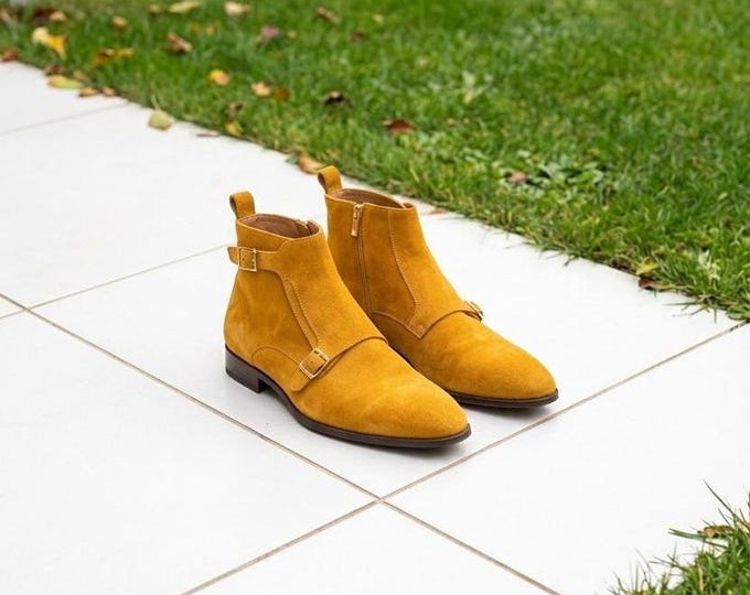 Tan Suede Double Monk Strap Boots for Men – Handmade Leather Ankle Boots