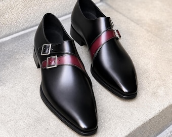 Men's Black Leather Monk Strap Shoes – Burgundy Contrast Pointed Toe Formal Footwear