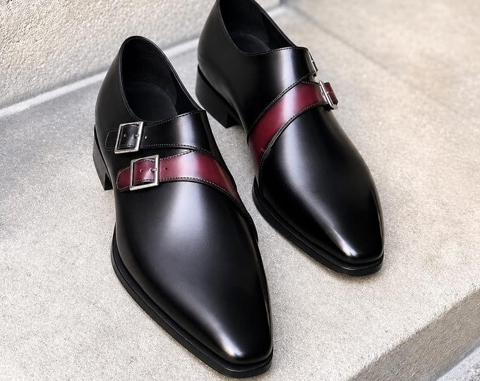 Men's Black Leather Monk Strap Shoes – Burgundy Contrast Pointed Toe Formal Footwear