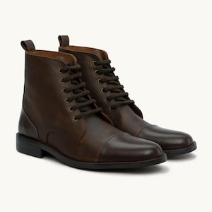 Handmade Men&#39;s Leather Boots – Brown Cap-Toe Lace-Up Ankle Boots | Classic Dress & Casual Style | SS Shoemaker