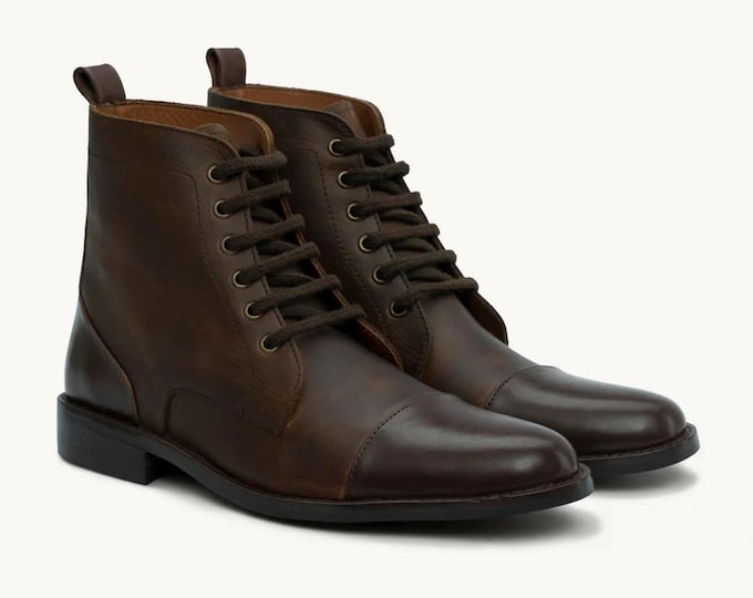 Handmade Men's Leather Boots – Brown Cap-Toe Lace-Up Ankle Boots | Classic Dress & Casual Style | SS Shoemaker