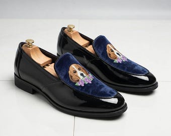 Handmade Black Patent Leather Loafers, Embroidered Dog Design, Velvet Slip-On Shoes