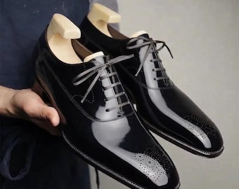 Men's Black Patent  Leather Oxford Shoes, Handmade Medallion Toe Dress Shoes, Formal Wedding Groom Shoes, Lace Up Business Shoes
