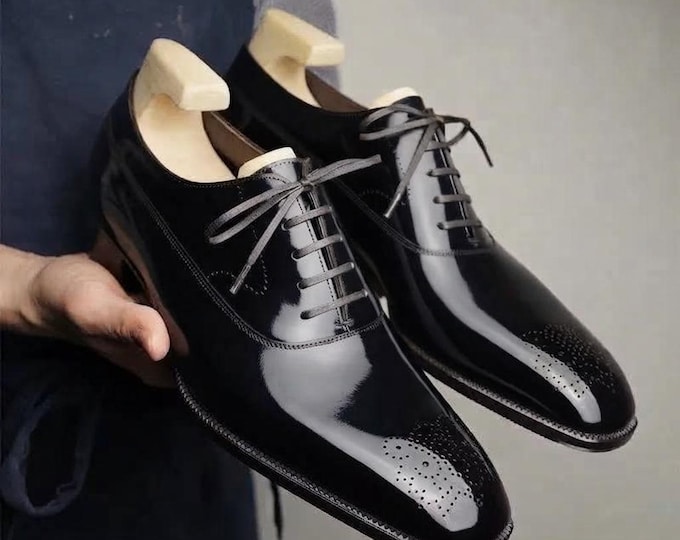 Handmade Black Patent Leather Oxford Shoes, Medallion Toe, Formal Groom Shoes