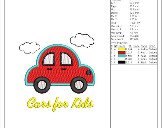 Car Embroidery Design: Red Cartoon Car with Clouds (PES DST EXP Files)