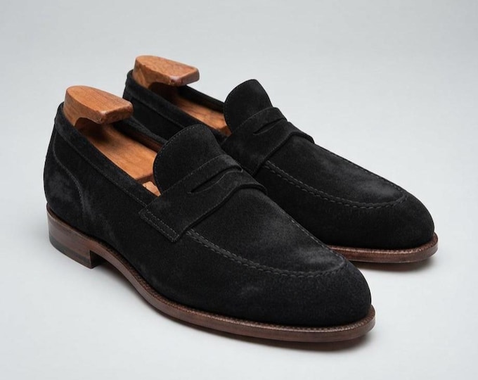 Black Suede Penny Loafers Men | Handmade Leather Dress Shoes | Goodyear Welt Slip On Loafers | Classic Ivy Style Shoes for Men