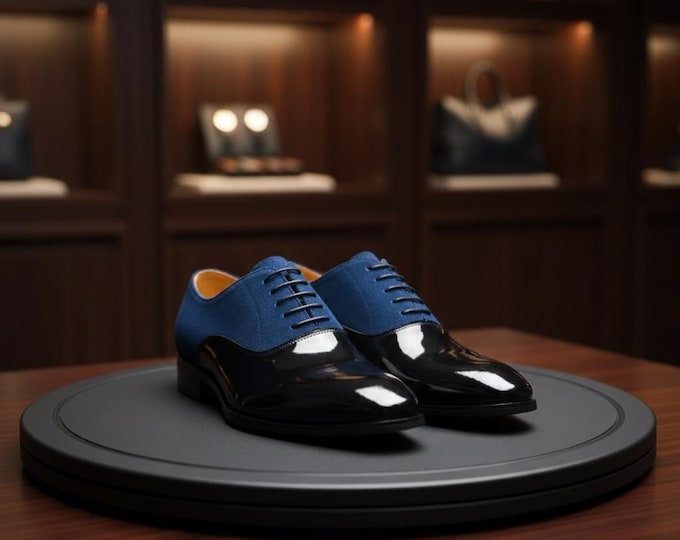 Handmade Blue Suede & Black Patent Leather Oxford Shoes: Men's Luxury Dress Shoes