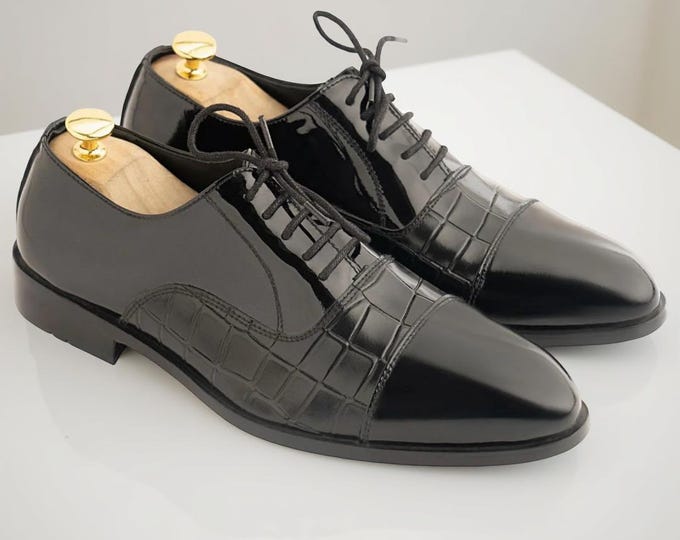 Handmade Black Patent Leather Oxford Dress Shoes: Crocodile Embossed Wedding Shoes