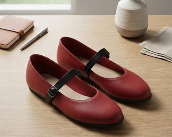 Handmade Red Black Leather Flats, Two-Tone Buckle Strap, Vintage Comfort Shoes, Custom Made Women Casual Footwear
