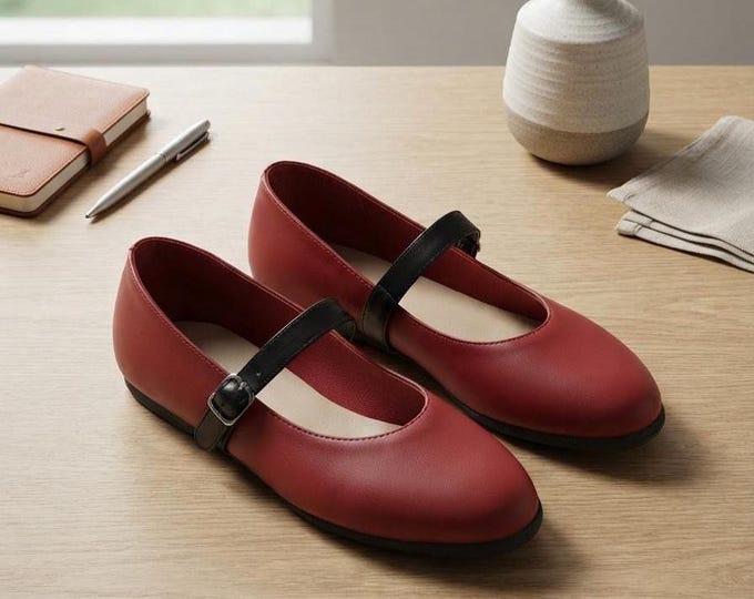 Handmade Red Black Leather Flats, Two-Tone Buckle Strap, Comfortable Women's Shoes