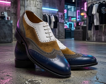 Handgjorda flerfärgade läderbrogues: Herr Wingtip Oxford-skor