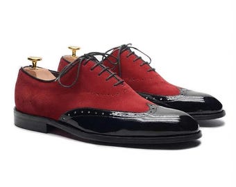 Red Black Wingtip Oxford Shoes, Handmade Leather Brogue Shoes, Men's Dress Shoes, Two Tone Formal Shoes, Custom Wedding Shoes