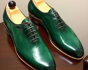 Handmade Green Leather Oxford Shoes for Men | Luxury Leather Dress Shoes | Custom Formal Footwear | Wedding or Business Dress Shoes