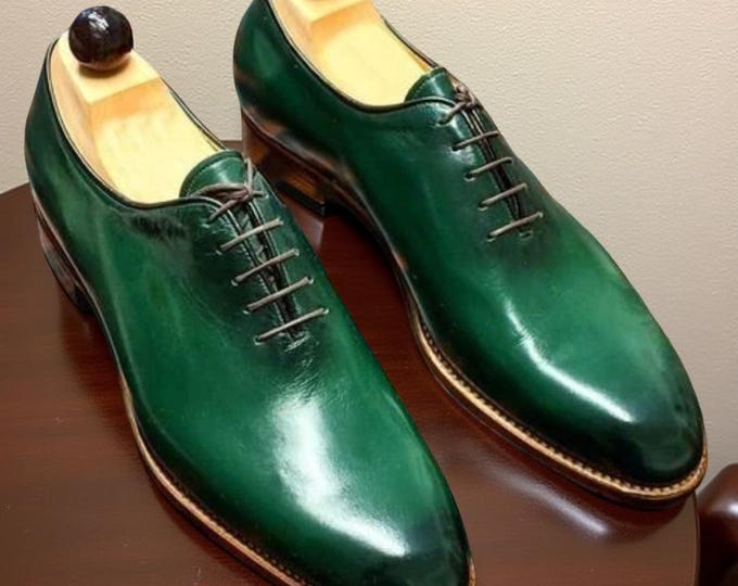 Handmade Green Leather Oxford Shoes for Men | Luxury Leather Dress Shoes | Custom Formal Footwear | Wedding or Business Dress Shoes