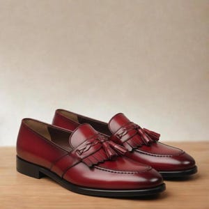 Handmade Red Leather Kiltie Loafers: Vintage Braided Strap Dress Shoes