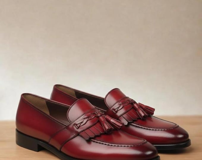 Handmade Red Leather Kiltie Loafers: Vintage Braided Strap Dress Shoes