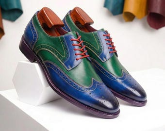 Men's Handmade Green Blue Wingtip Oxford Leather Dress Shoes – Multi Color Brogue Statement Footwear
