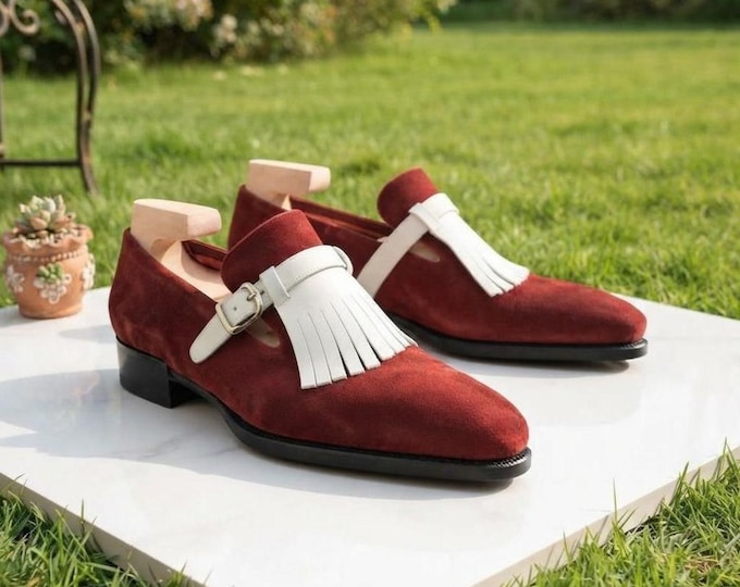 Handmade Burgundy Suede Monk Strap Shoes, White Fringe Tassel Loafers, Custom Wedding Footwear