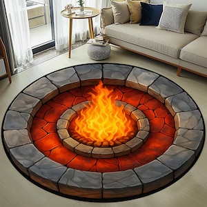 May include: A round area rug with a bonfire design. The rug features a central image of flames surrounded by a stone-like border. The flames are bright orange and yellow, and the border is gray and brown.