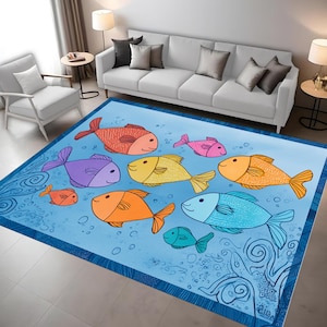 Colorful Fish Rug:Underwater Ocean Pattern,Playful Aquarium Style,Kids Room Sea Life Design,Whimsical Marine Artwork,Bright Nautical Decor