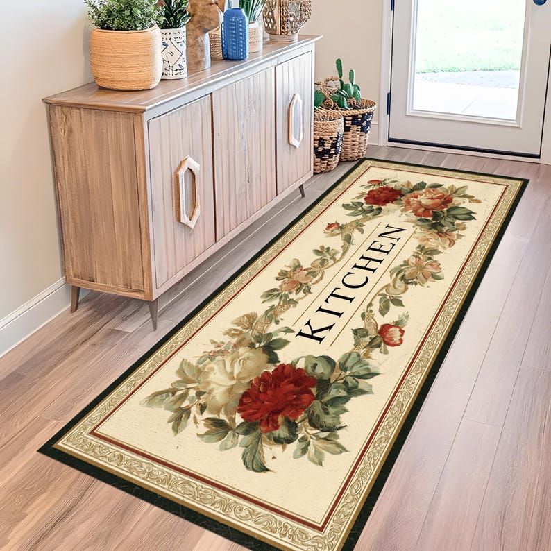 May include: A rectangular kitchen rug with a cream background, framed by a black border and a decorative floral pattern. The rug features a central floral design with the word "KITCHEN" in black letters.