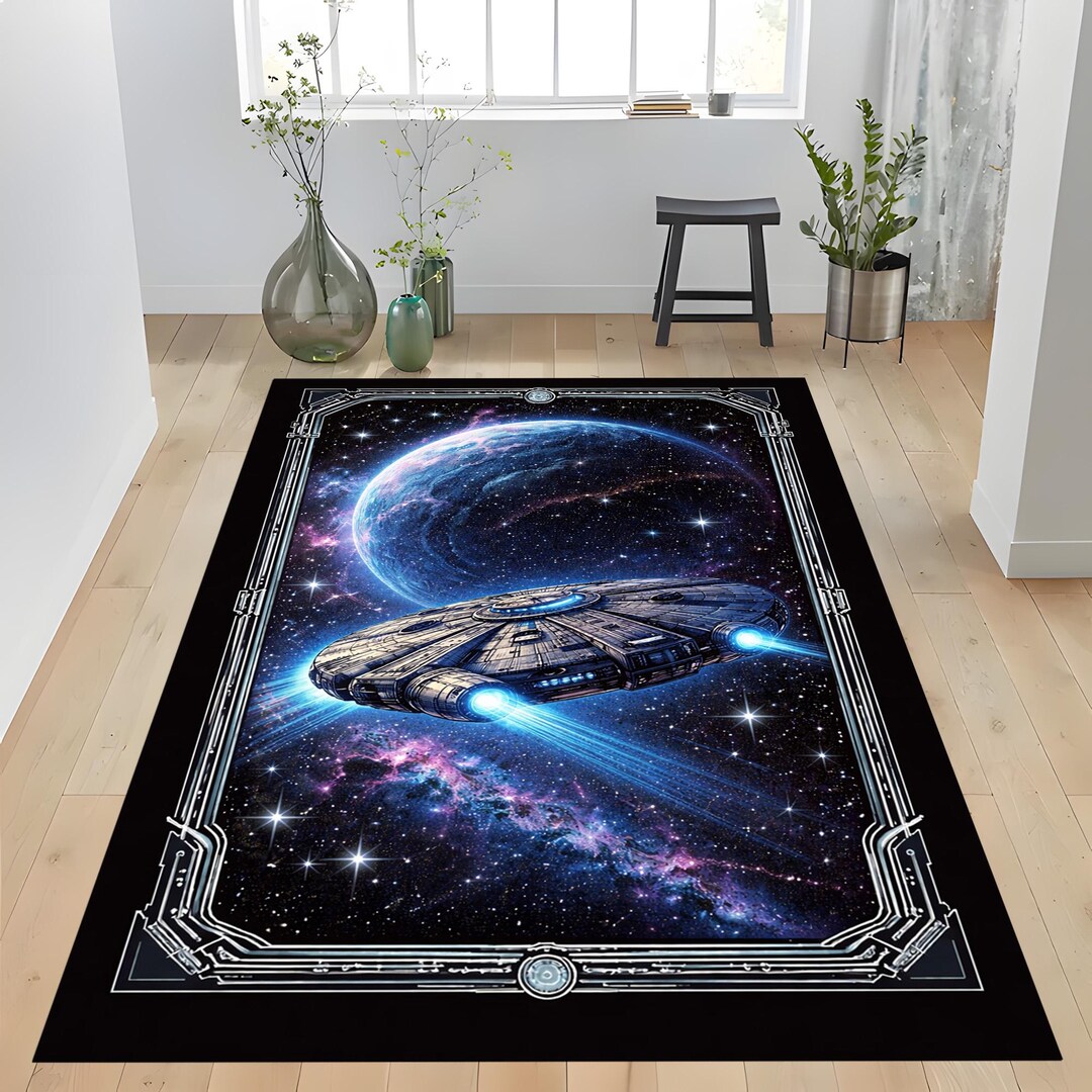 Sci Fi Space Rug: Futuristic Spaceship Galaxy Carpet, Blue Cosmic Stars ...