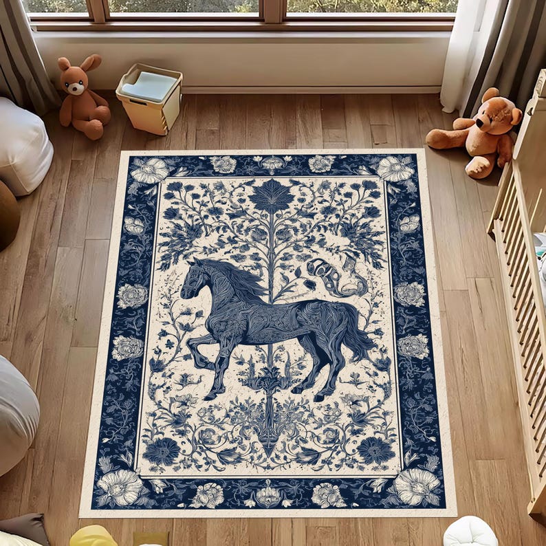 Floral Horse Rug: Equestrian Blue White, Ornamental Animal Decorative ...