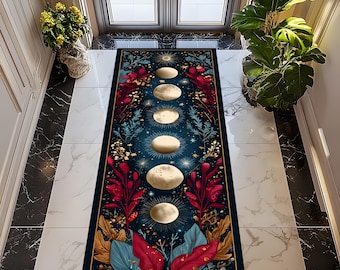 Celestial Moon Phases Runner Rug: Cosmic Moons Stars, Gothic Botanical , Mystical Astrology Hallway Carpet