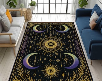 Celestial Moon Rug: Gold Purple Cosmic Design, Mystic Night Sky Pattern, Astrological Home Decor