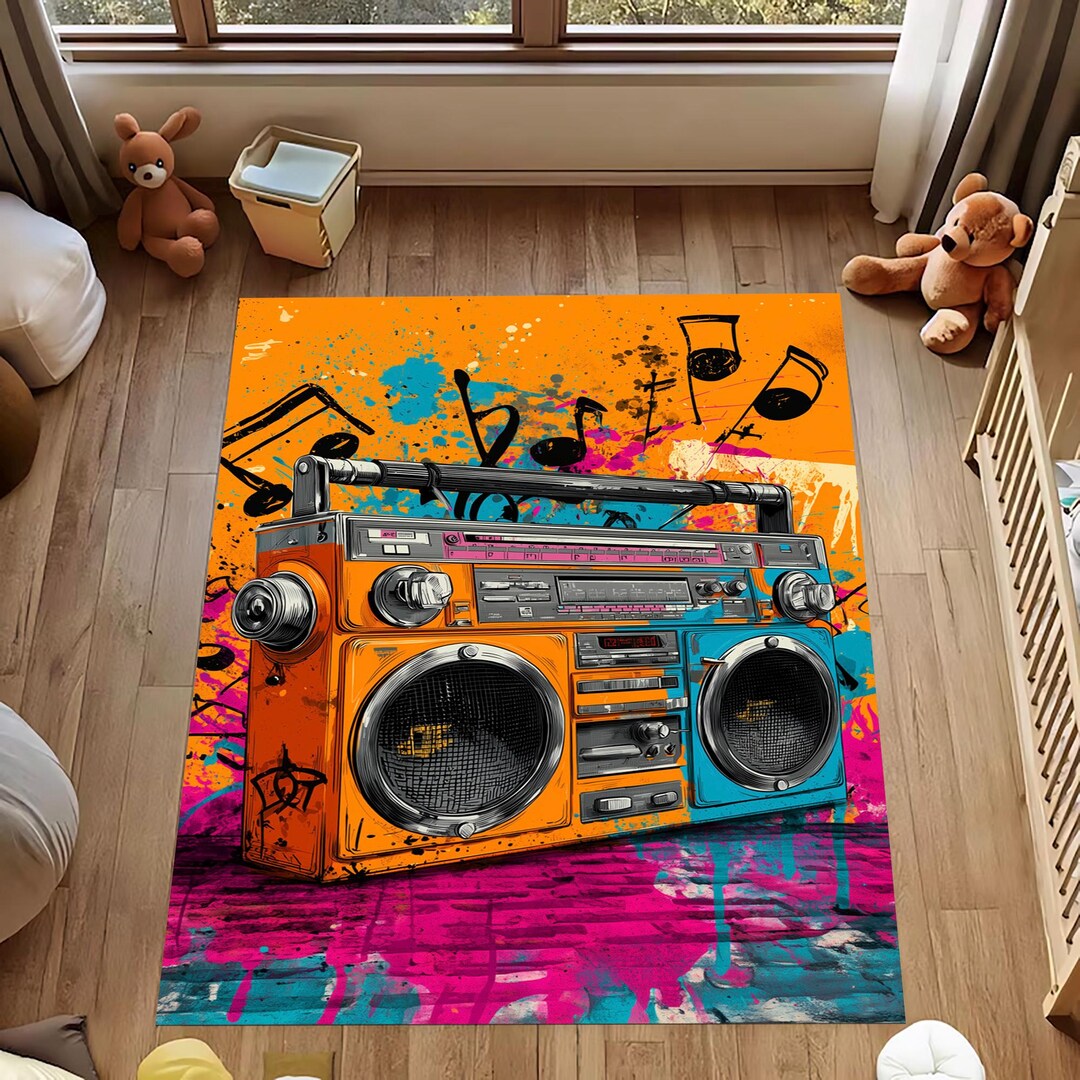 Retro Boombox Rug: Colorful Graffiti Hip Hop, Street Art Music, Old ...