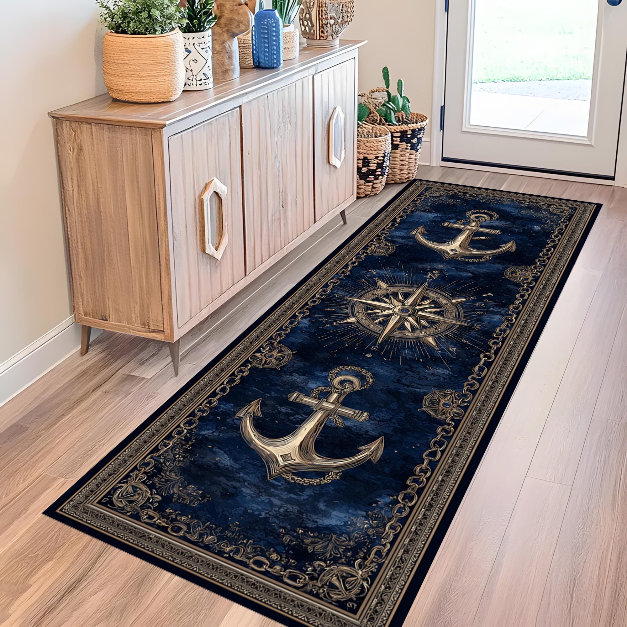 Nautical Anchor Runner Rug Golden Compass Design Deep Blue Marine nautical-anchor-runner-rug-golden-compass-design-deep-blue-marine