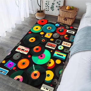 Vinyl Record Rug, Retro Music Rug, Colorful Vinyl Rug, Cassette Tape Rug, Vintage Record Rug, Pop Art Music Rug, Unique Retro Music Rug