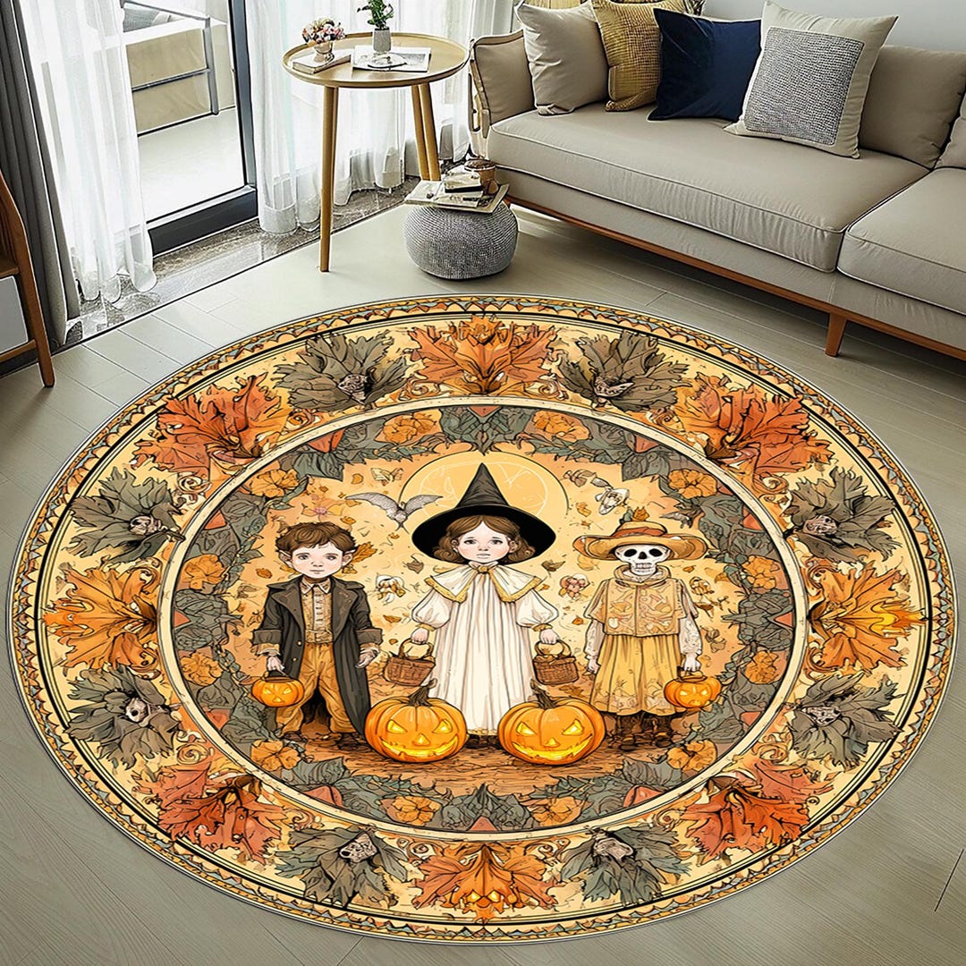 Halloween Kids Round Rug: Pumpkin Witch Skeleton, Autumn Leaves Circle ...