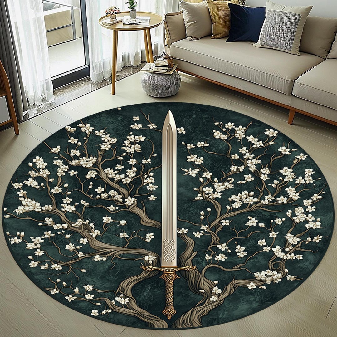 Fantasy Sword Round Rug: Legendary Blade, LOTR Weapon, Mythical Gaming ...