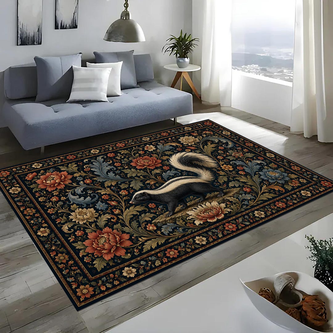 Skunk Rug Wildlife Skunk Rug: Black White Animal Carpet, Floral Botanical Pattern ...