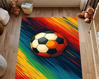 Colorful Soccer Ball Rug: Rainbow Football Sports , Modern Kids Boys Playroom  Gamer  Decor Carpet