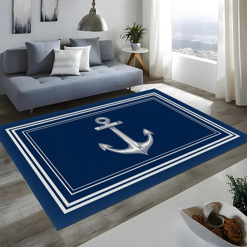 Nautical Anchor Rug: Seaside Rope Border, Ocean Coastal , Blue Maritime ...