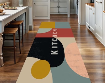 Mid Century Kitchen Runner Rug: Retro Geometric Pattern, Abstract Cooking, Color Block  Decor Carpet