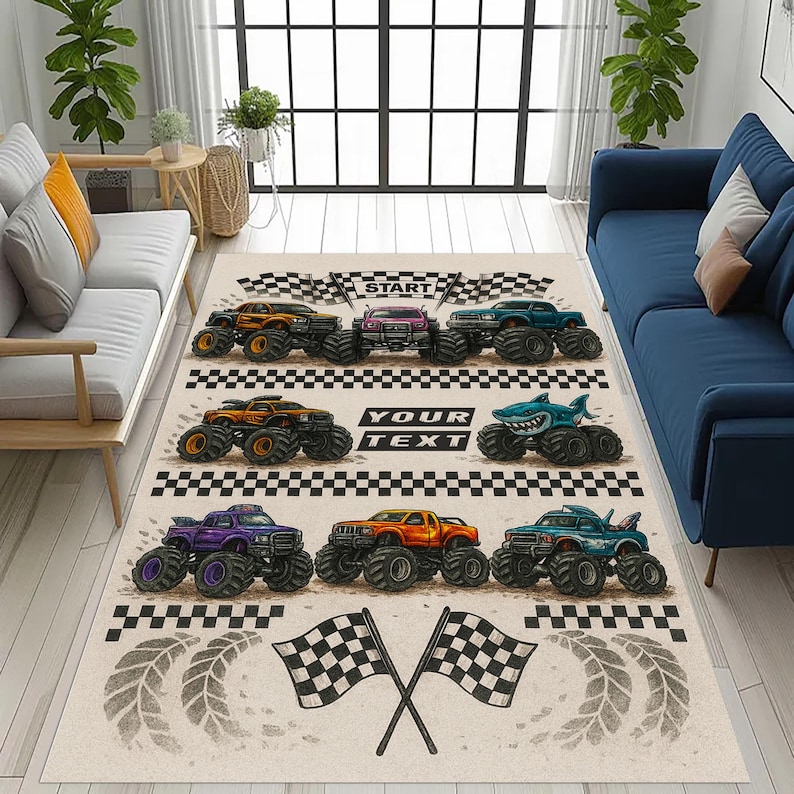 Monster Jam Rug Customizable Monster Truck Rug: Custom Name Racing Design, Colorful ...