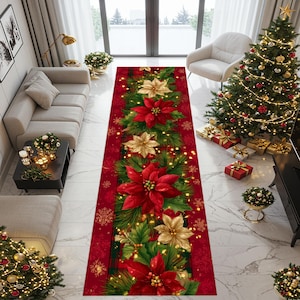 Christmas Poinsettia Runner Rug: Red And Gold Flowers, Pine Leaves, Elegant Holiday Home Decor