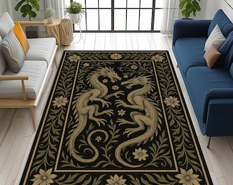 Gothic Dragon Rug: Medieval Fantasy Ornate, Mythical Dark Creature Art, Bold Gaming Room Carpet