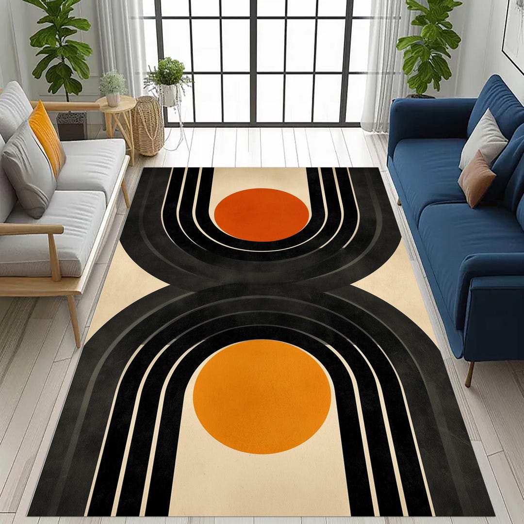 ミッドセンチュリーレトロサンパスラグ：オレンジブラック幾何学模様