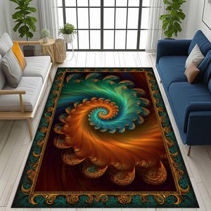 May include: A rectangular area rug with a vibrant, abstract design. The rug features a central spiral in shades of orange, teal, and blue, surrounded by a dark brown background and a decorative border with gold accents. The rug is placed on a light-colored wooden floor.